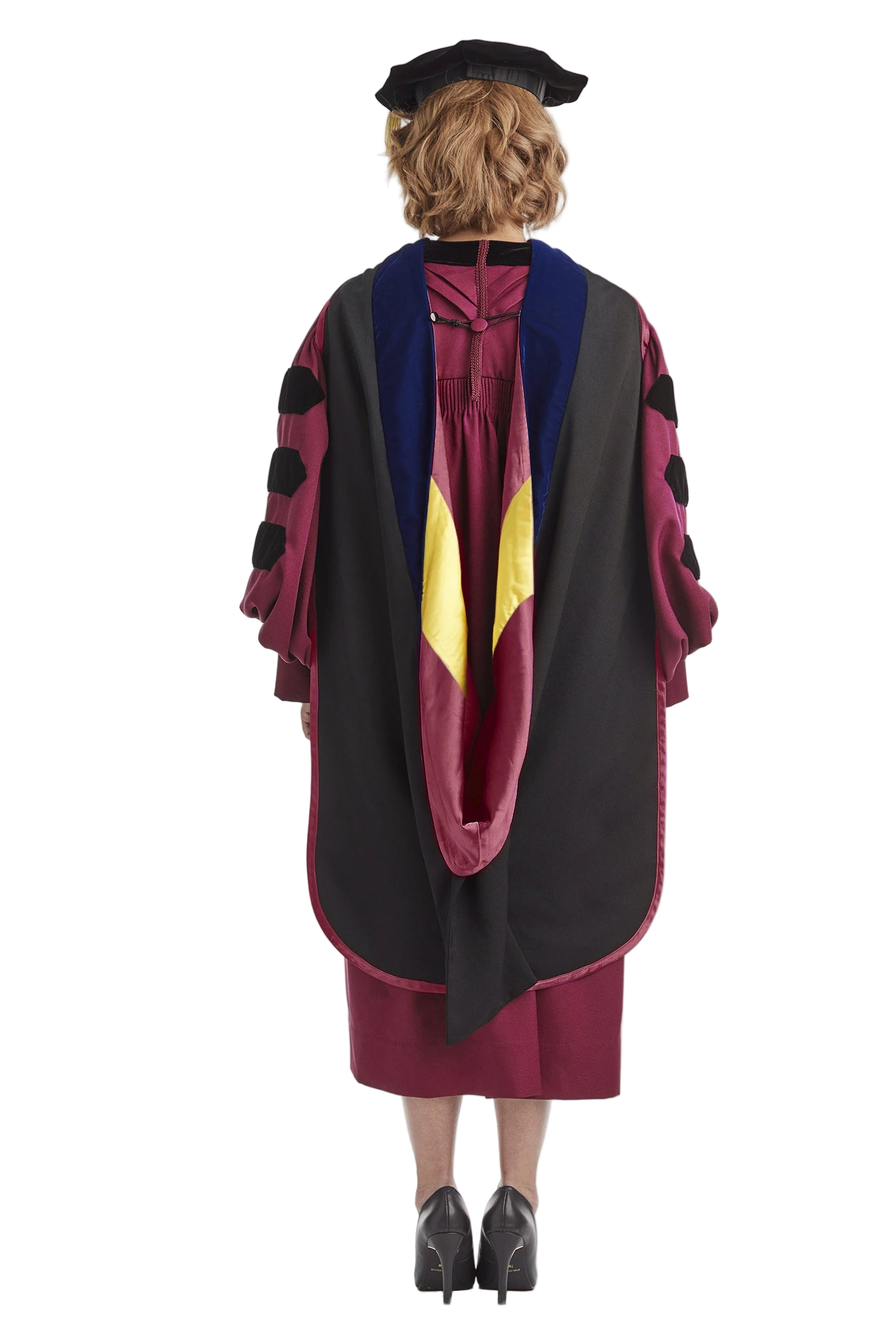 Arizona State University  doctoral hood with maroon and yellow satin lining, blue velvet trim for PhD discipline, and premium tailored construction meeting Intercollegiate Bureau of Academic Costume standards.