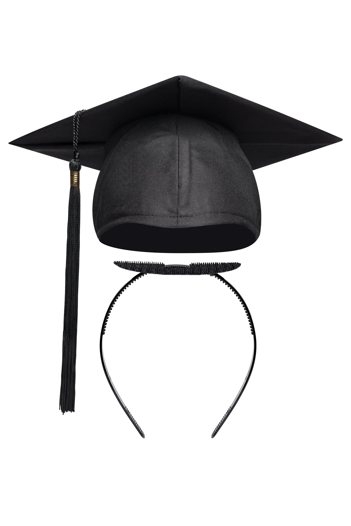 Black graduation cap with the CAPGOWN CapStay headband against a white background