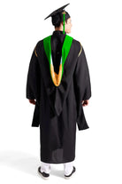 CAPGOWN | University of Washington Master's Regalia Set, include master's gown with pockets, mortarboard cap, kelly green hood, and tassel with year charm.