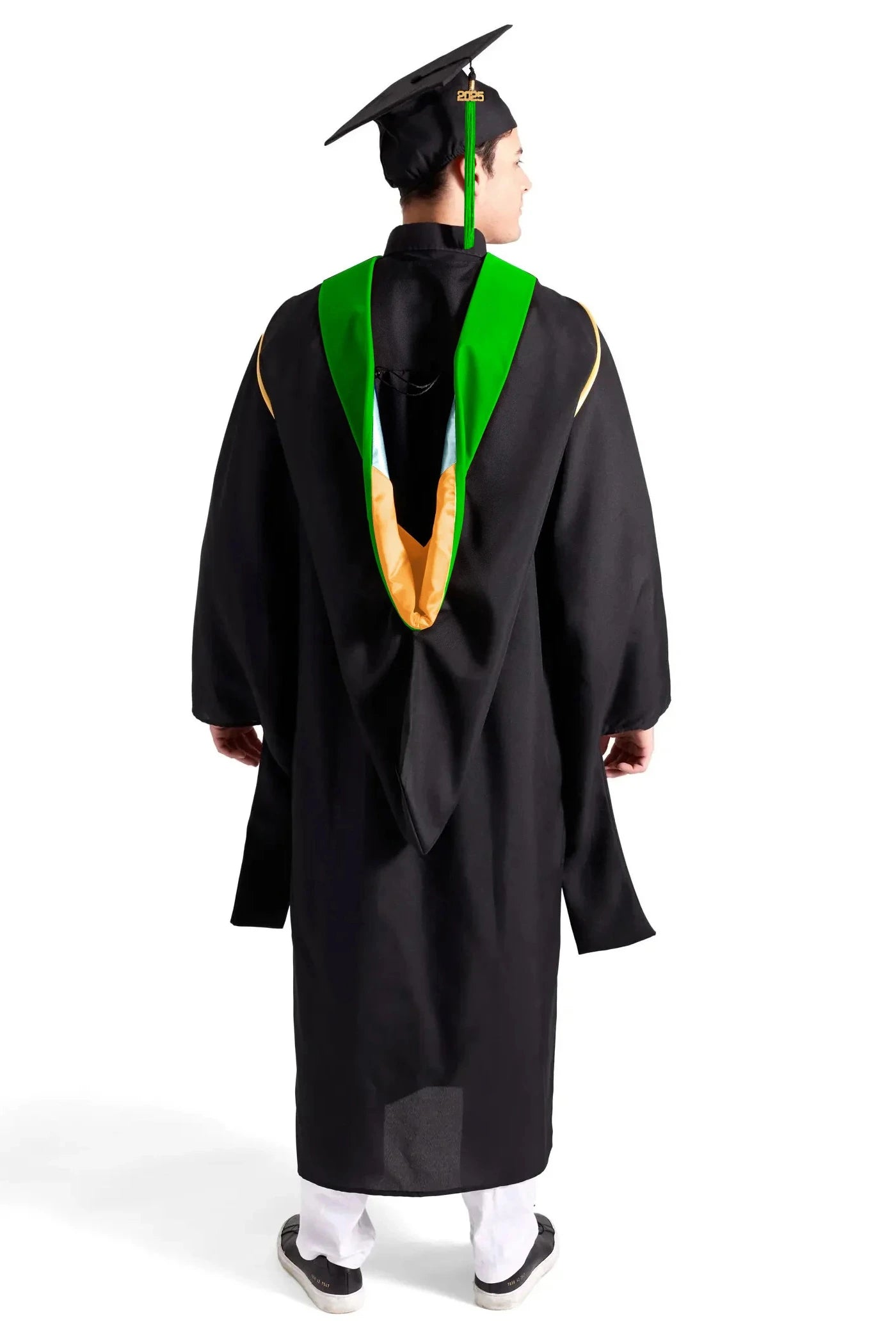 CAPGOWN | University of Washington Master's Regalia Set, include master's gown with pockets, mortarboard cap, kelly green hood, and tassel with year charm.