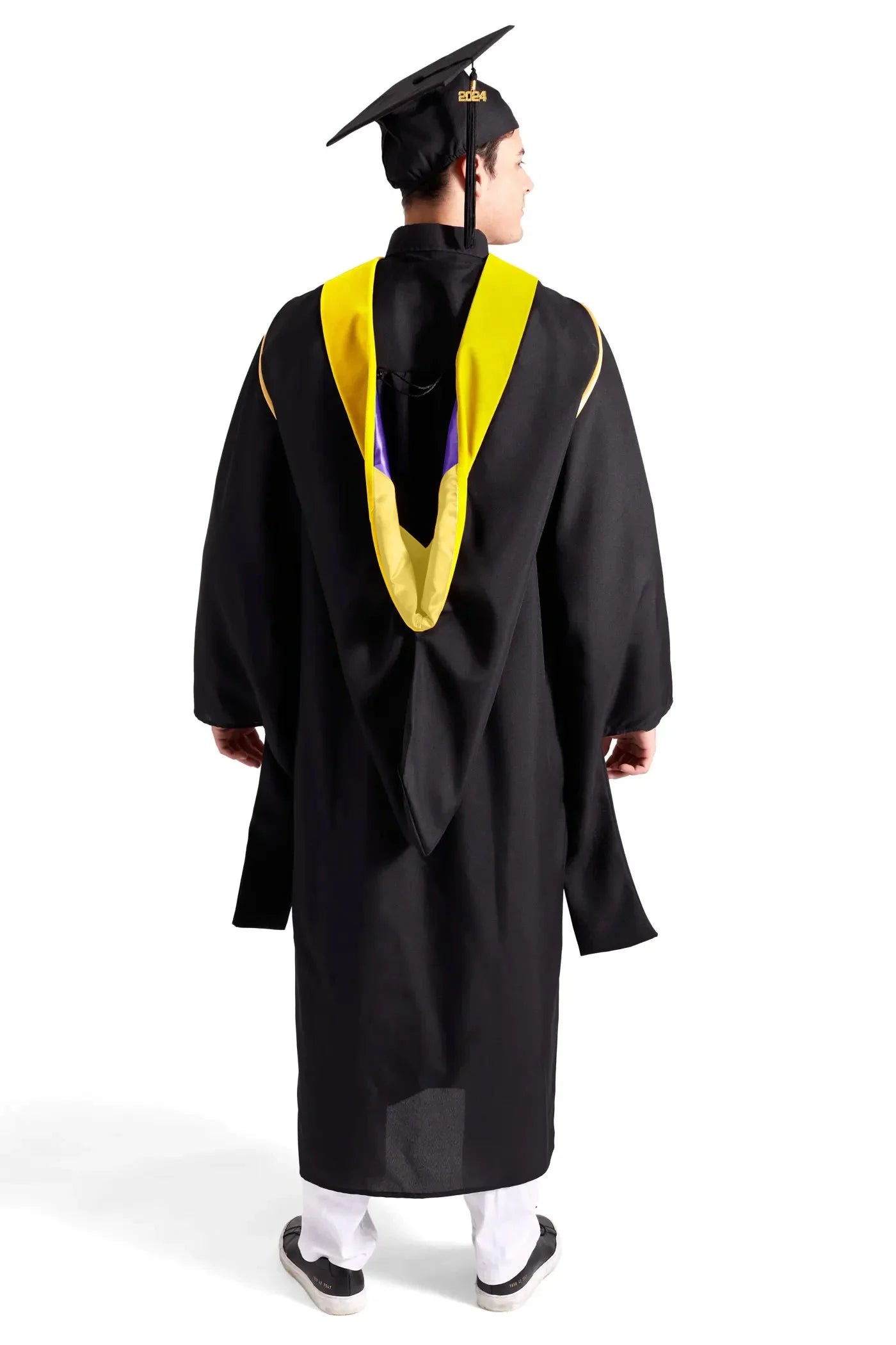 CAPGOWN | University of Washington Master's Regalia Set, include master's gown with pockets, mortarboard cap, lemon hood, and tassel with year charm.