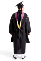 CAPGOWN | UC Santa Cruz Master's Regalia Set, include master's gown with pockets, mortarboard cap, lilac hood, and tassel with year charm.