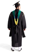 CAPGOWN | University of Washington Master's Regalia Set, include master's gown with pockets, mortarboard cap, peacock blue hood, and tassel with year charm.