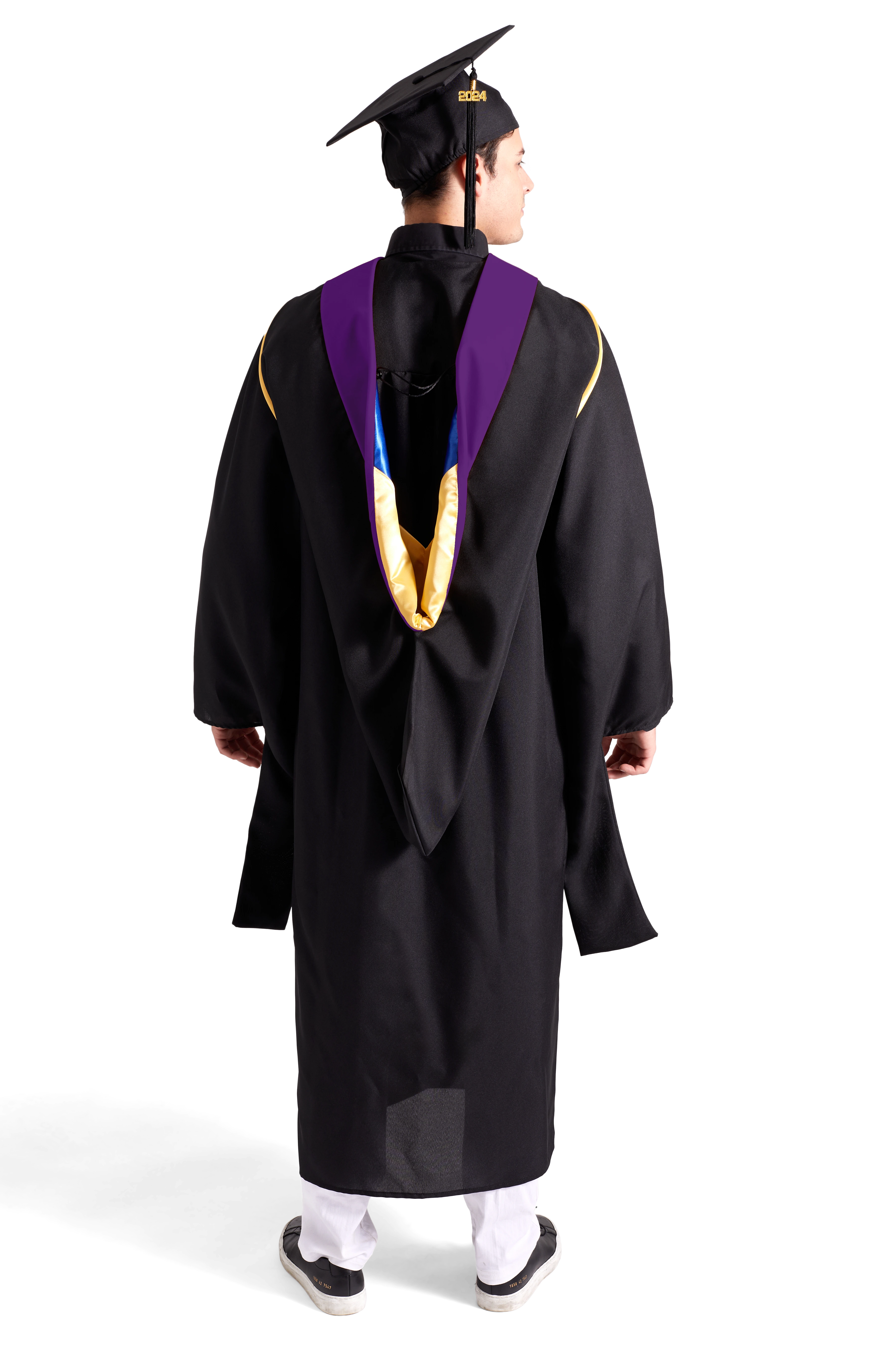CAPGOWN | UC Berkeley Master's Regalia Set, include master's gown with pockets, mortarboard cap, purple hood, and tassel with year charm.