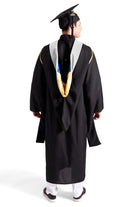 CAPGOWN | UC Irvine Master's Regalia Set, include master's gown with pockets, mortarboard cap, white hood, and tassel with year charm.