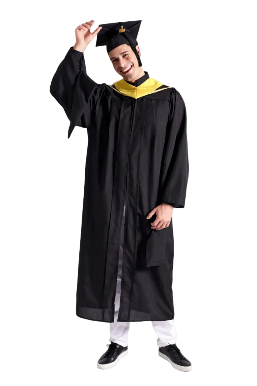 CAPGOWN | UC San Francisco Master's Regalia Set, include master's gown with pockets, mortarboard cap, degree hood, and tassel with year charm.