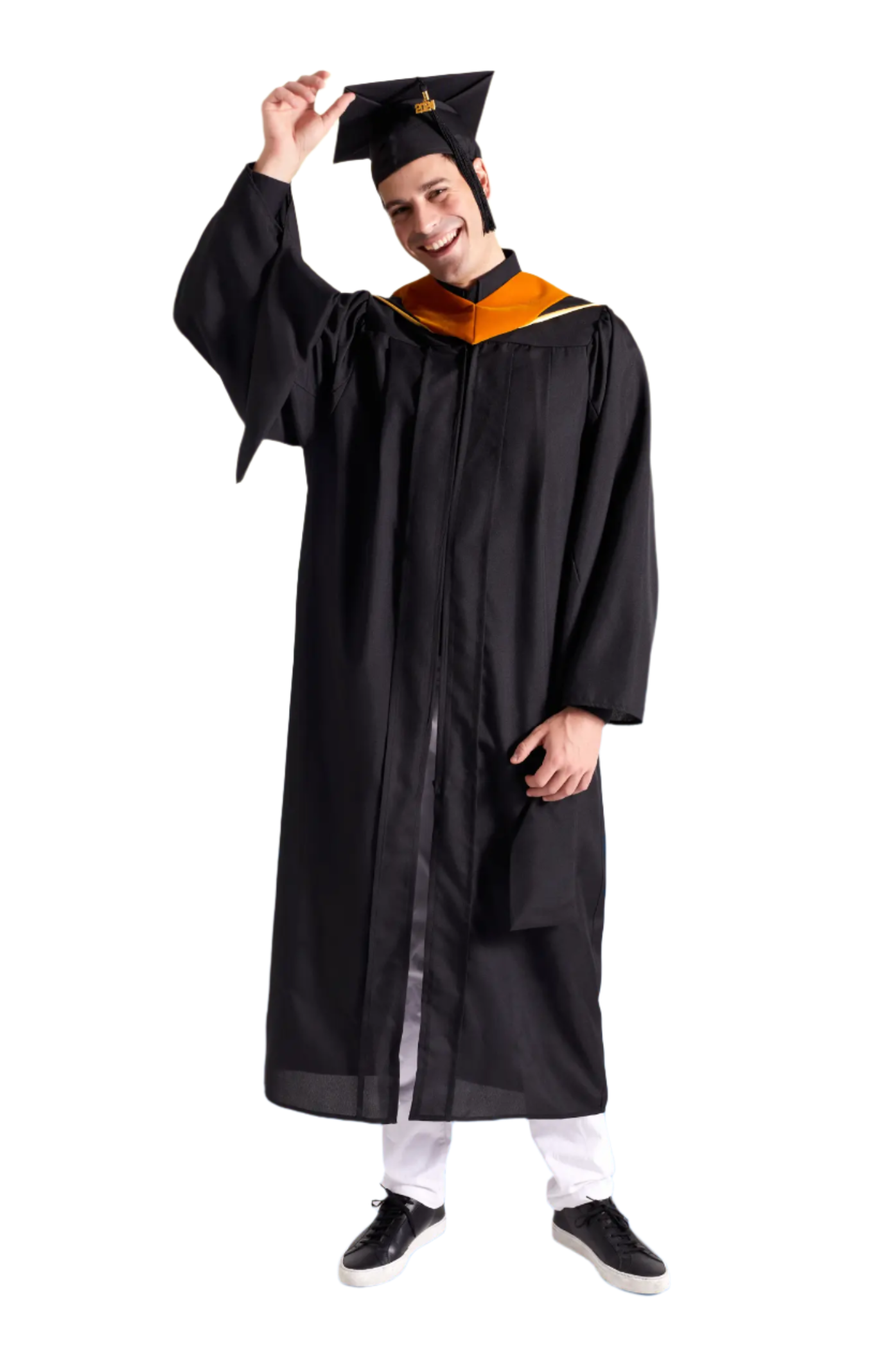 CAPGOWN | UC Santa Barbara Master's Regalia Set, include master's gown with pockets, mortarboard cap, degree hood, and tassel with year charm.