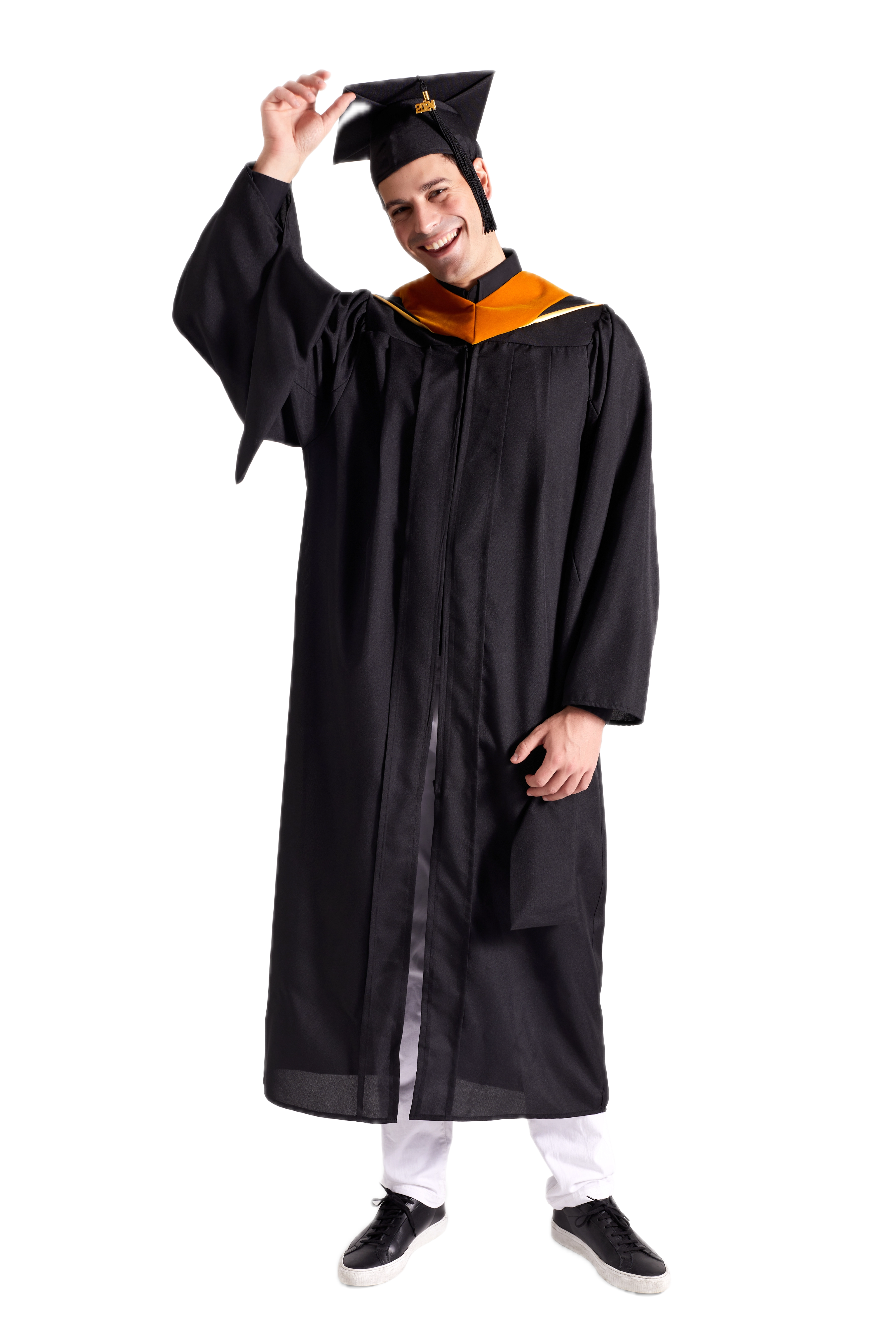CAPGOWN | UC Santa Cruz Master's Regalia Set, include master's gown with pockets, mortarboard cap, degree hood, and tassel with year charm.
