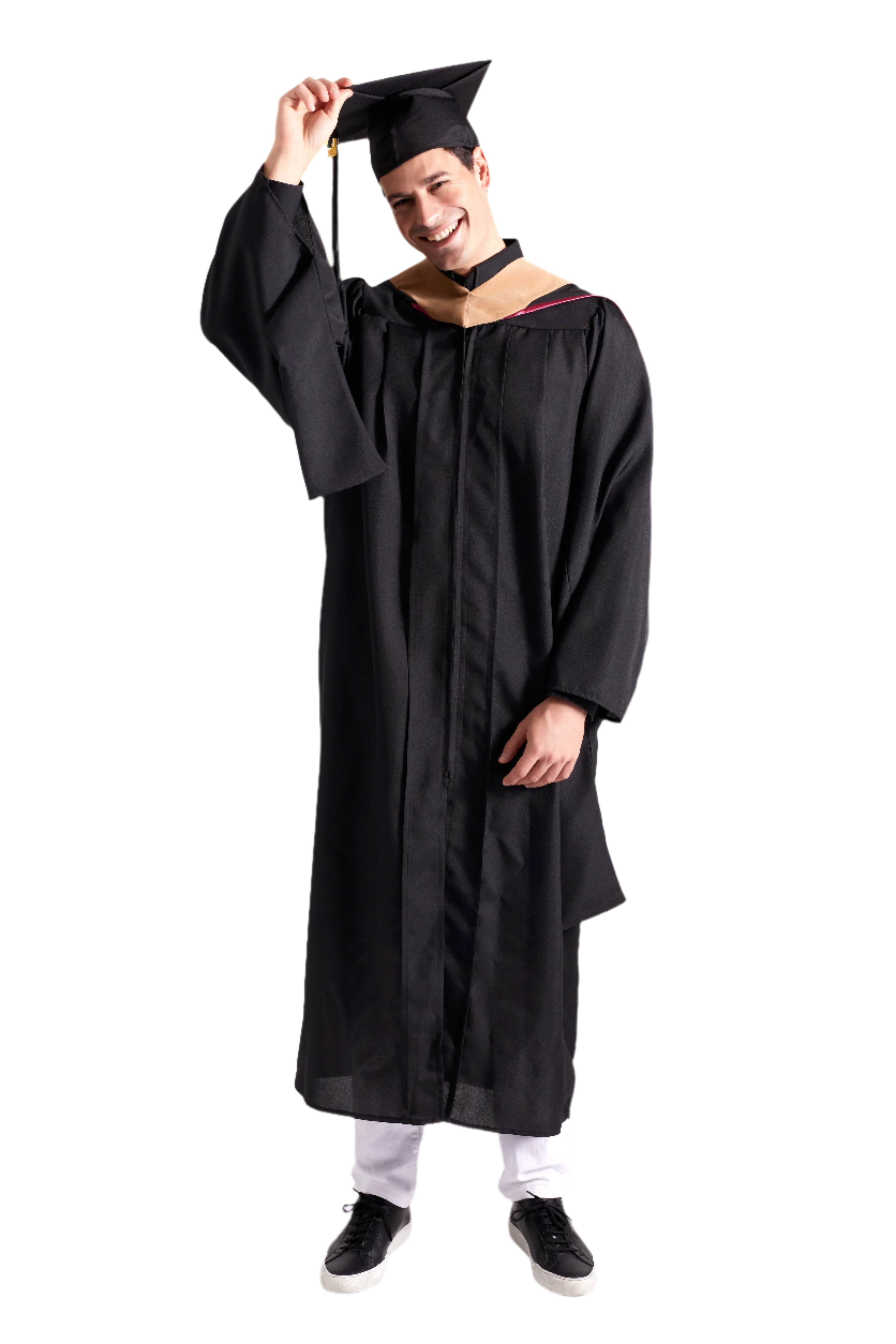 CAPGOWN | University of Washington Master's Regalia Set, include master's gown with pockets, mortarboard cap, degree hood, and tassel with year charm.