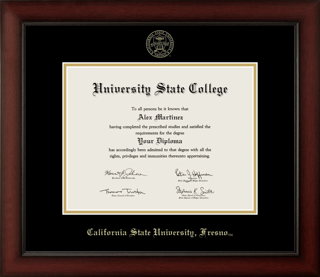 CAPGOWN | Cal State Fresno Cherry Wood Diploma Frame for Bachelor, Master, and Doctoral Graduates. Designed and made in USA.