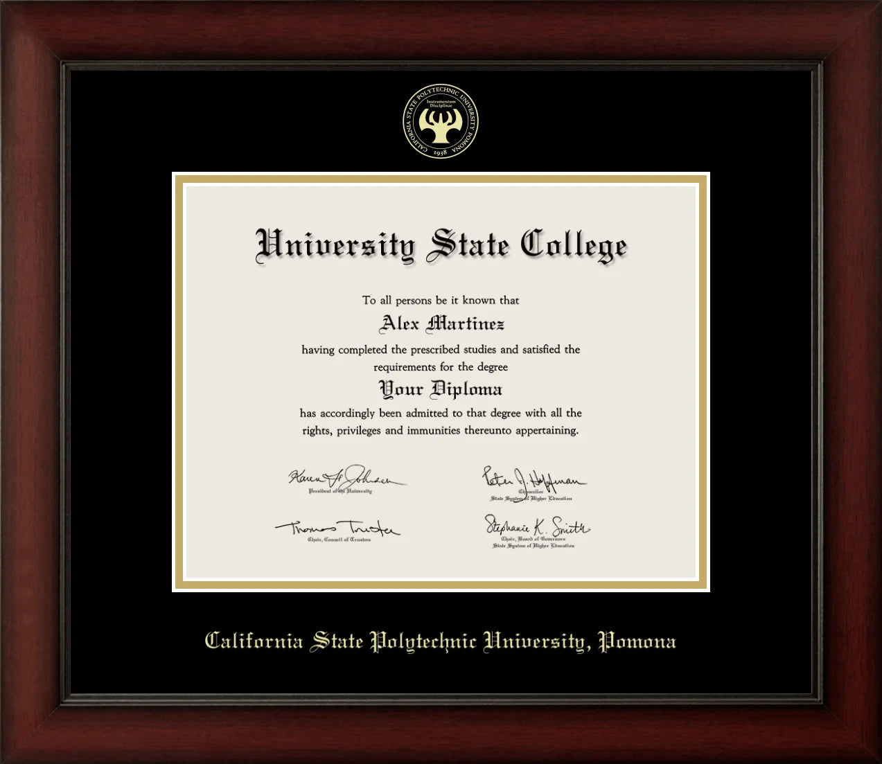 CAPGOWN | Cal State Poly Pomona Cherry Wood Medallion Diploma Frame for Bachelor, Master, and Doctoral Graduates. Designed and made in USA.