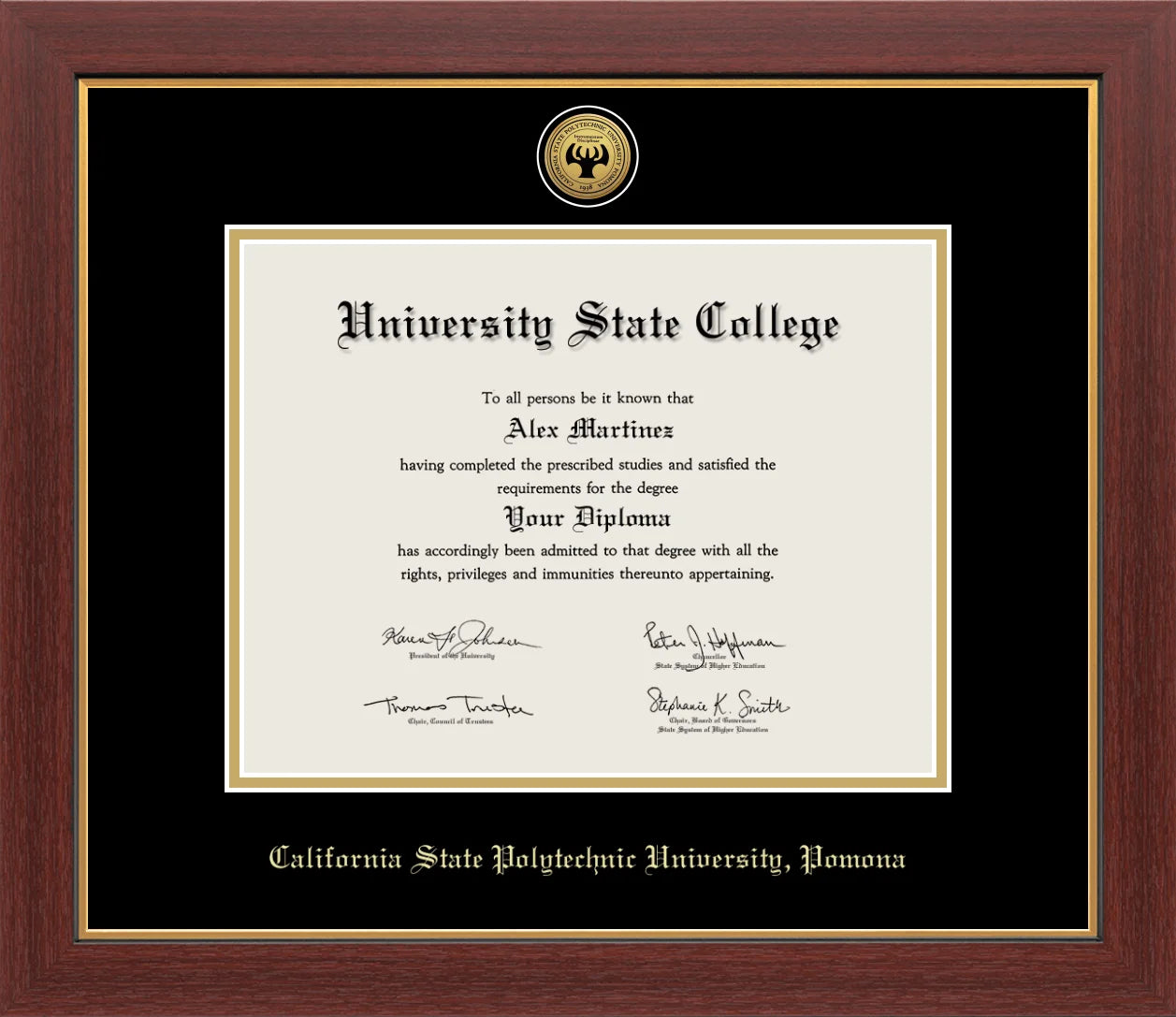 CAPGOWN | Cal State Poly Pomona Medallion Diploma Frame for Bachelor, Master, and Doctoral Graduates. Designed and made in USA.