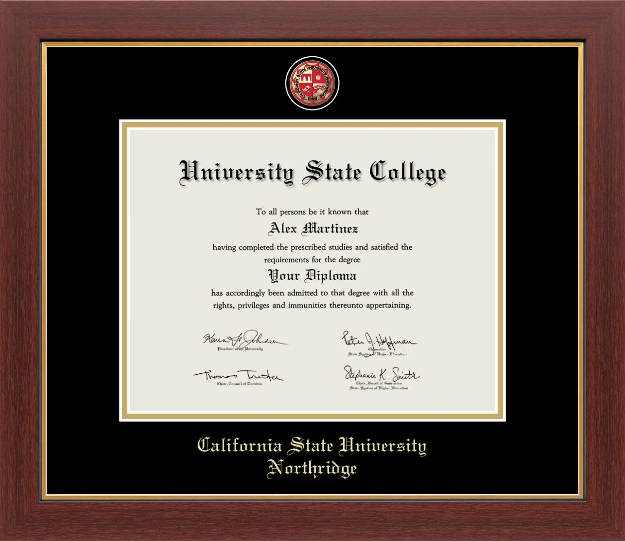 CAPGOWN | Cal State Northridge Medallion Diploma Frame for Bachelor, Master, and Doctoral Graduates. Designed and made in USA.