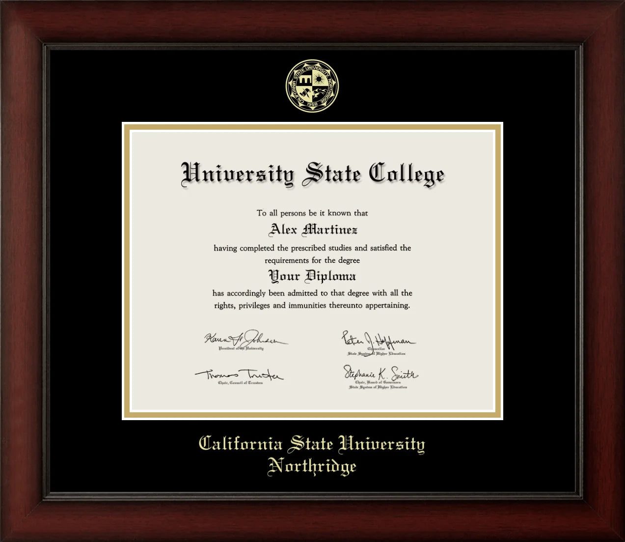 CAPGOWN | Cal State Northridge Cherry Wood Diploma Frame for Bachelor, Master, and Doctoral Graduates. Designed and made in USA.