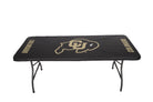 Black University of Colorado table cover with the CU Buffs logo in the center and “COLORADO” printed on the front edge, fitted on a standard folding table. Front View.
