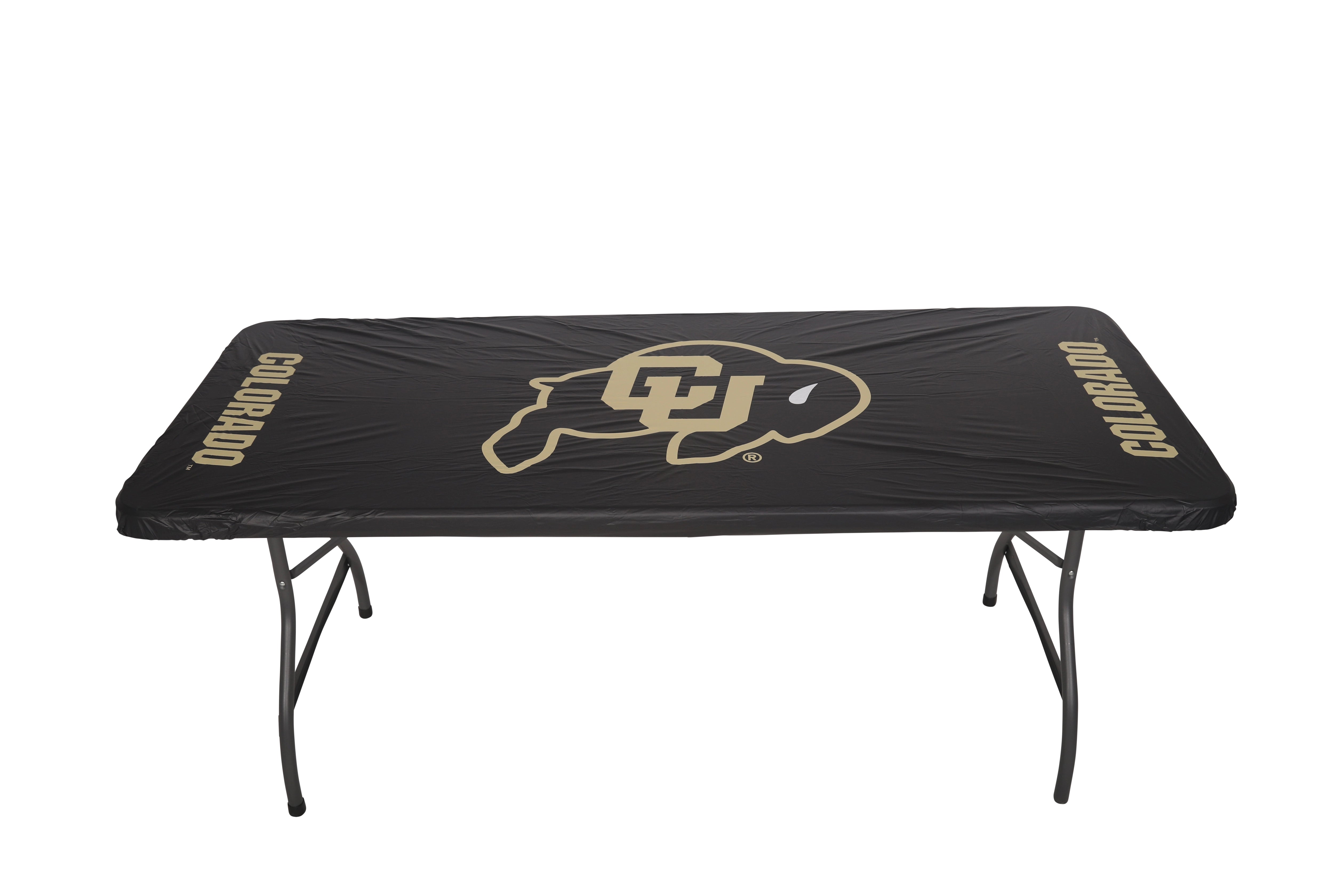 Black University of Colorado table cover with the CU Buffs logo in the center and “COLORADO” printed on the front edge, fitted on a standard folding table. Front View.