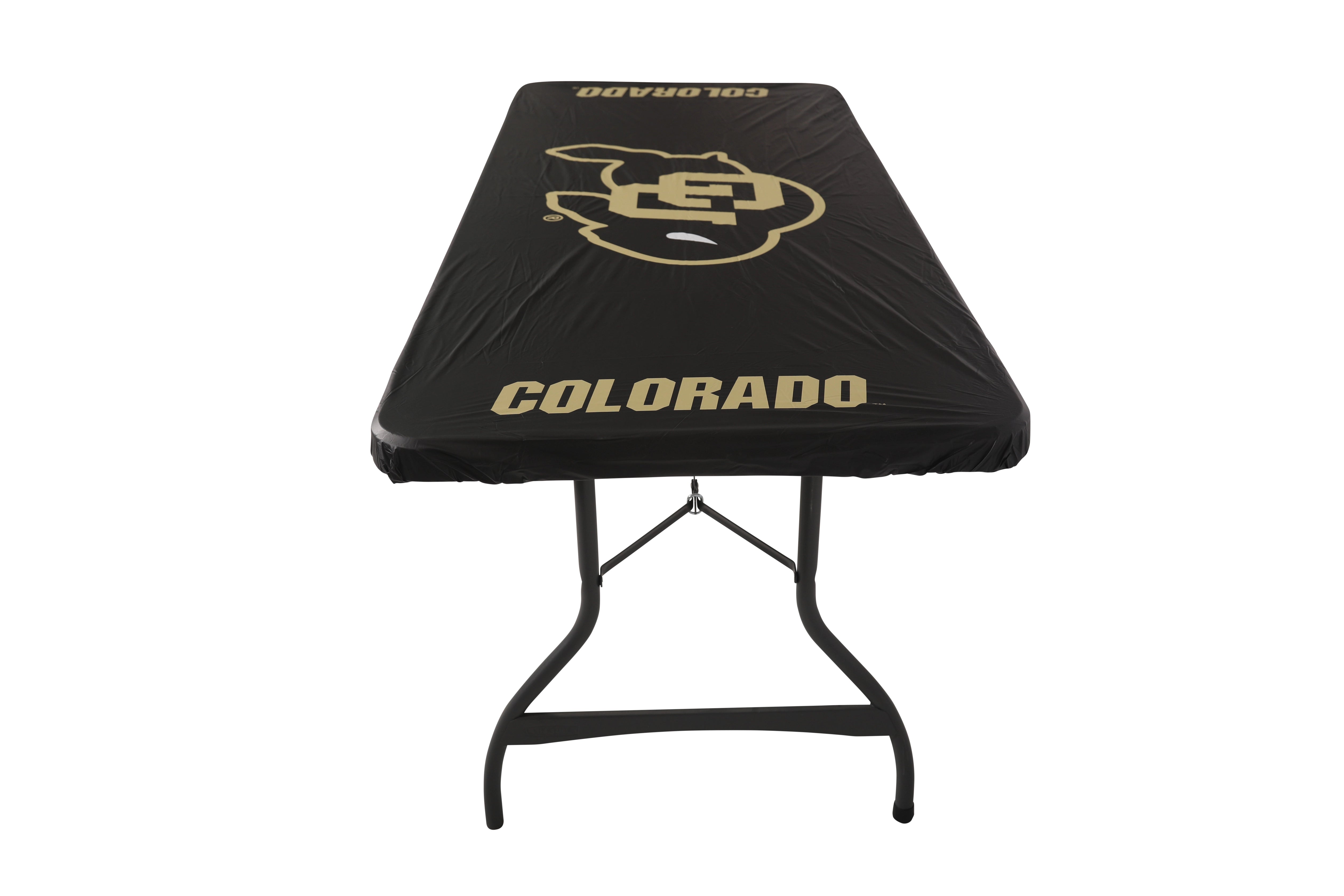 Black University of Colorado table cover with the CU Buffs logo in the center and “COLORADO” printed on the front edge, fitted on a standard folding table. Side view.