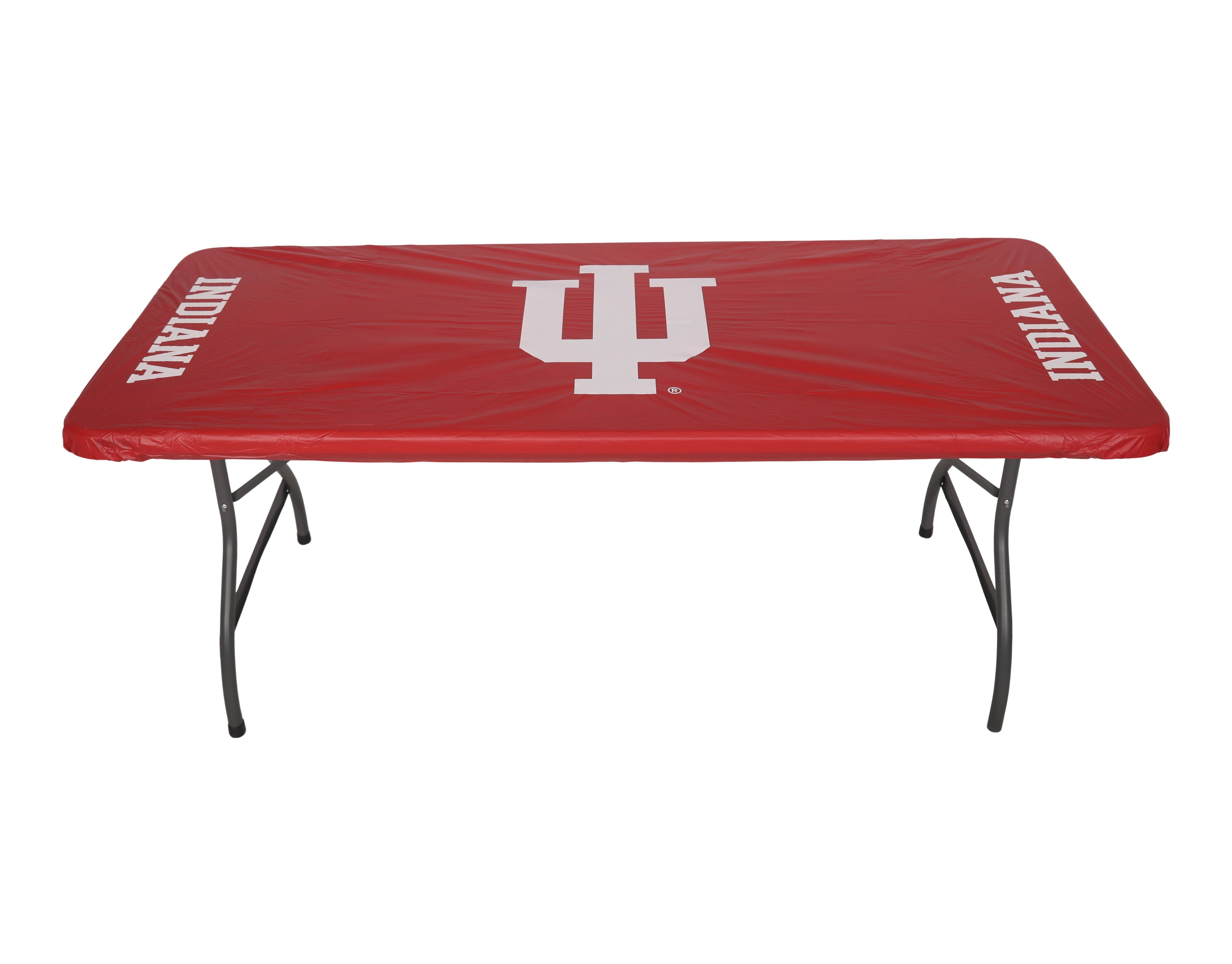 Crimson red Indiana University table cover featuring the IU trident logo in the center and “INDIANA” printed on both sides, fitted over a folding table.