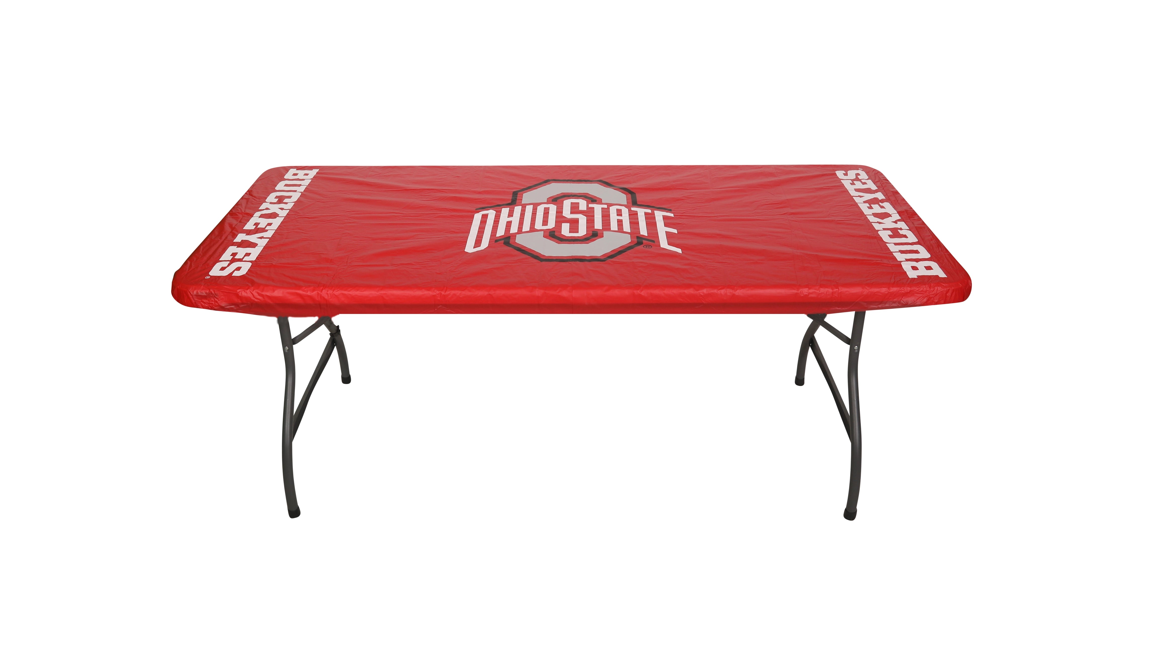 Scarlet Ohio State University table cover featuring the Ohio State “O” logo in the center and “BUCKEYES” printed on both ends, fitted over a folding table.