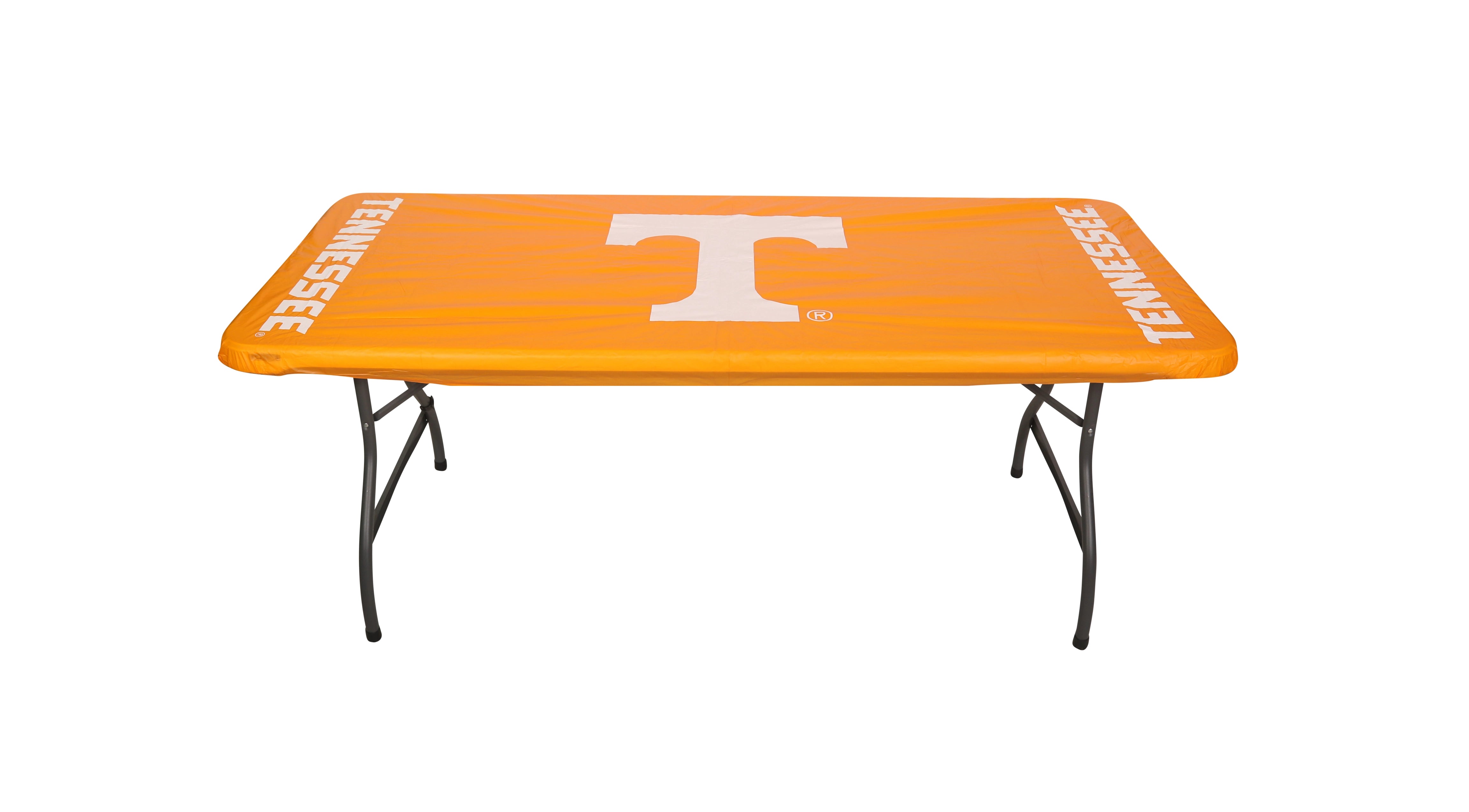 Orange University of Tennessee table cover featuring the white Power T logo in the center and “TENNESSEE” printed on both ends, fitted on a folding table.