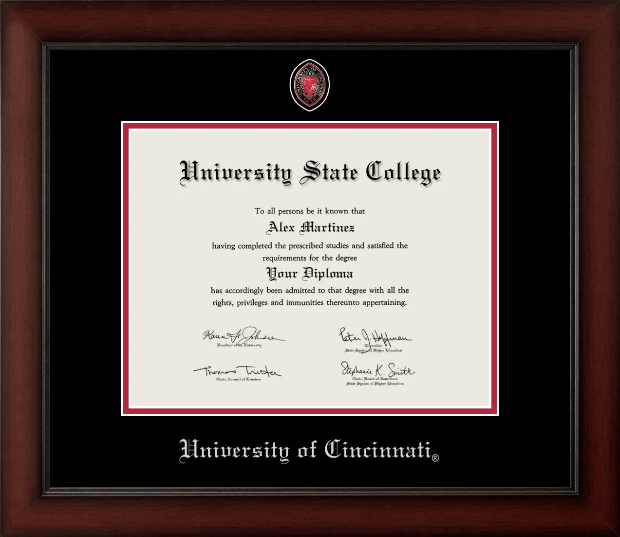 CAPGOWN | University of Cincinnati Medallion Diploma Frame for Bachelor, Master, and Doctoral Graduates. Designed and made in USA.