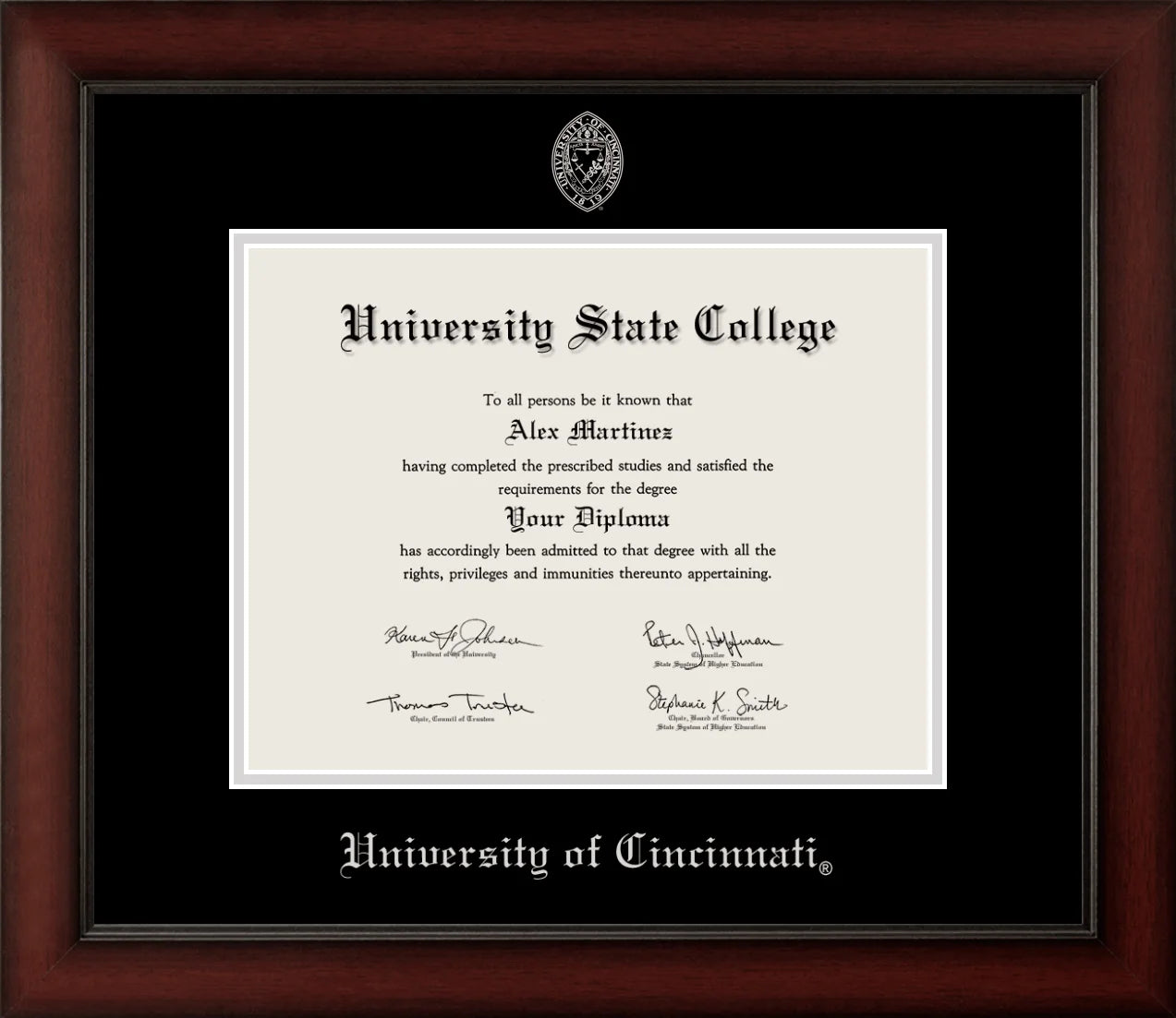 CAPGOWN | University of Cincinnati Cherry Wood Diploma Frame for Bachelor, Master, and Doctoral Graduates. Designed and made in USA.