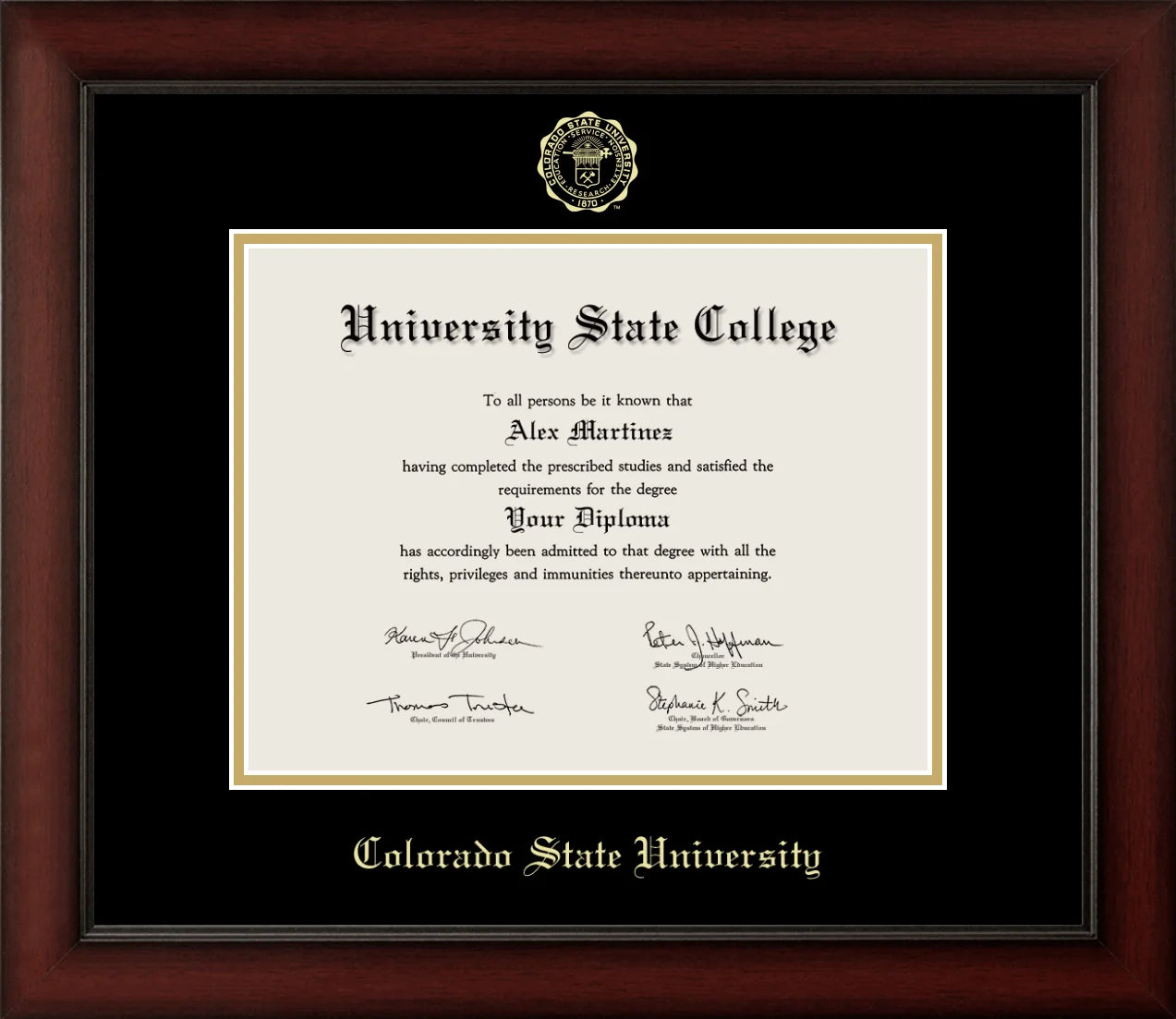 CAPGOWN | Colorado State University Cherry Wood Diploma Frame for Bachelor, Master, and Doctoral Graduates. Designed and made in USA.