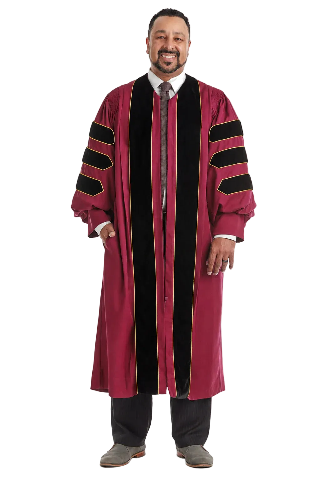 Maroon doctoral gown with black velvet panels and gold piping