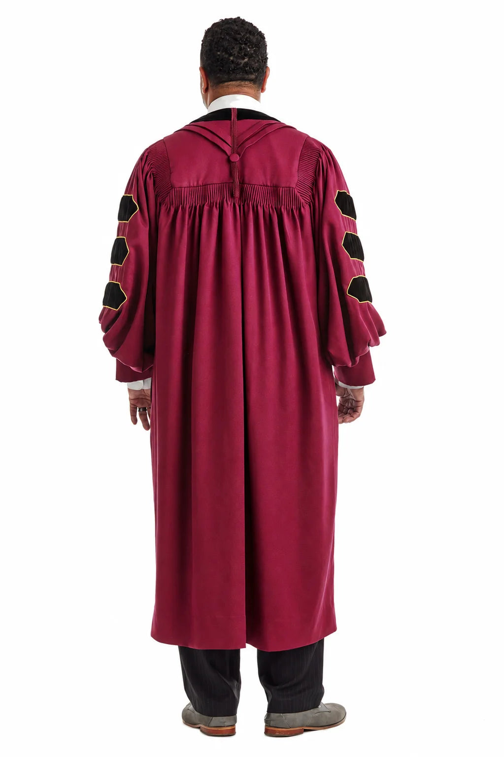 Maroon doctoral gown with black velvet panels and gold piping