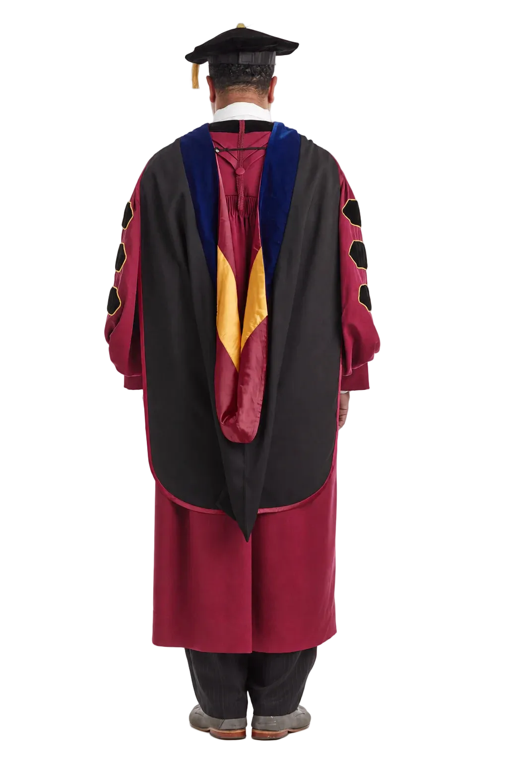 Florida State University doctoral hood with royal blue velvet trim and gold-and-maroon satin lining