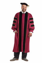 Complete maroon doctoral regalia set with gown, hood, and tam