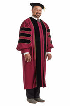 Complete maroon doctoral regalia set with gown, hood, and tam