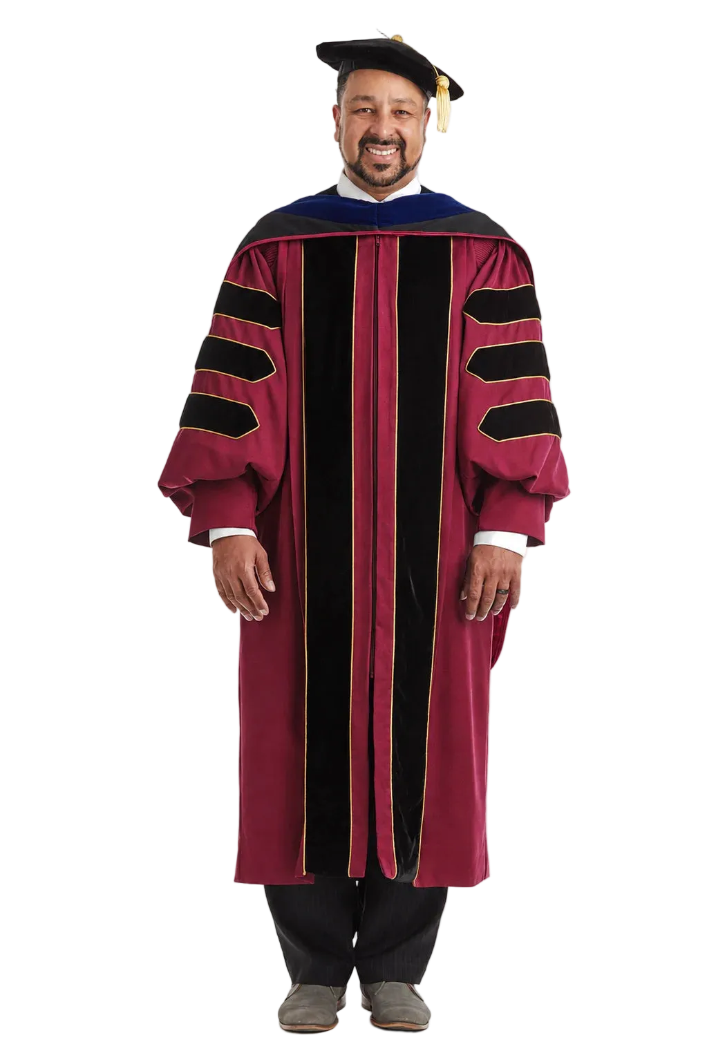 Complete maroon doctoral regalia set with gown, hood, and tam