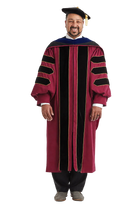Complete maroon doctoral regalia set with gown, hood, and tam