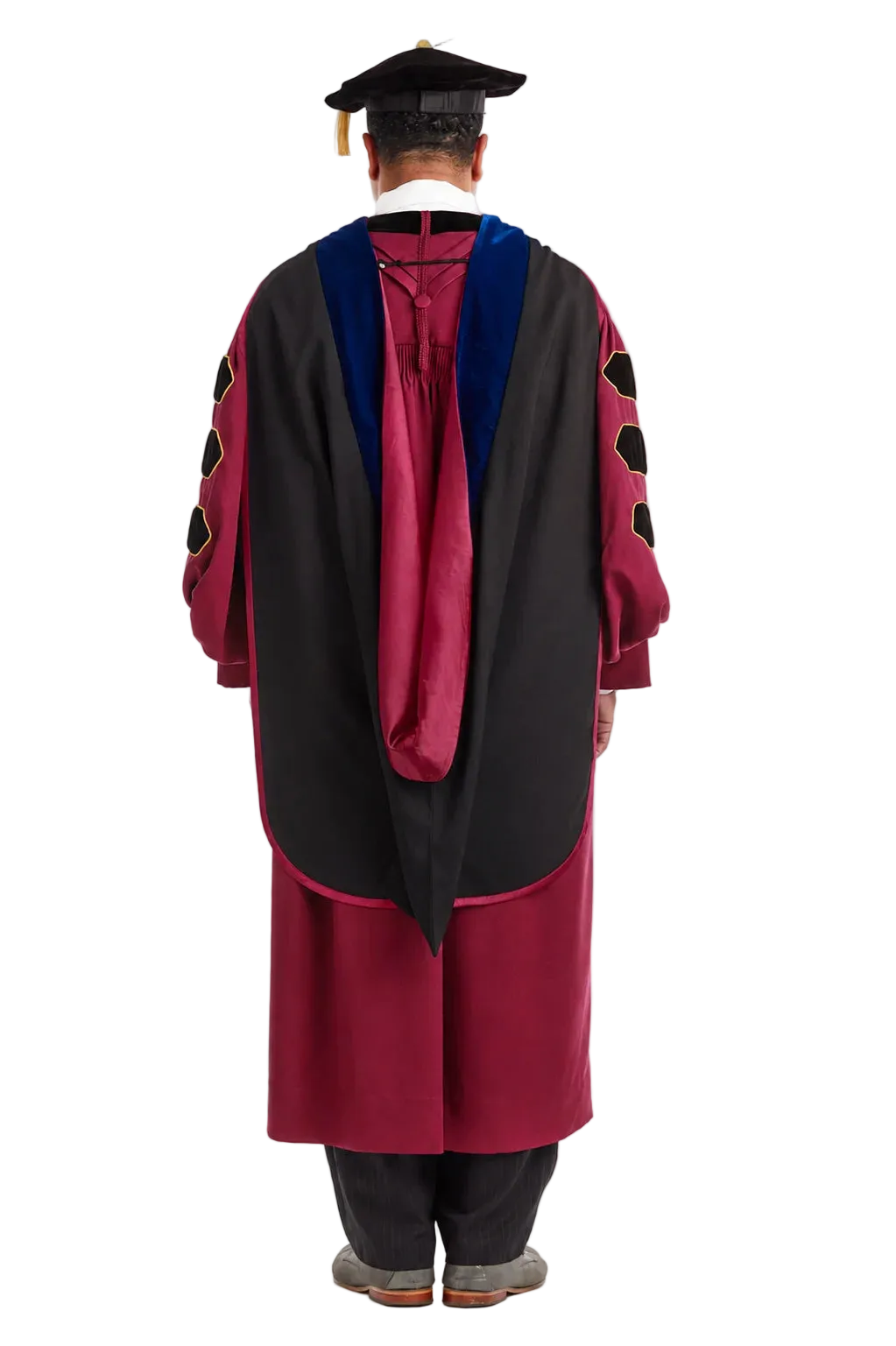 Fordham University doctoral hood with royal blue velvet trim, maroon satin lining, and gold chevron