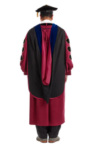 Fordham University doctoral hood with royal blue velvet trim, maroon satin lining, and gold chevron