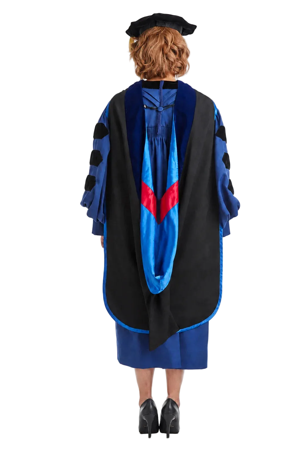 Georgia State University doctoral hood with royal blue velvet trim, blue satin lining, and red chevron