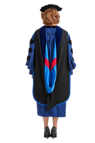 Georgia State University doctoral hood with royal blue velvet trim, blue satin lining, and red chevron