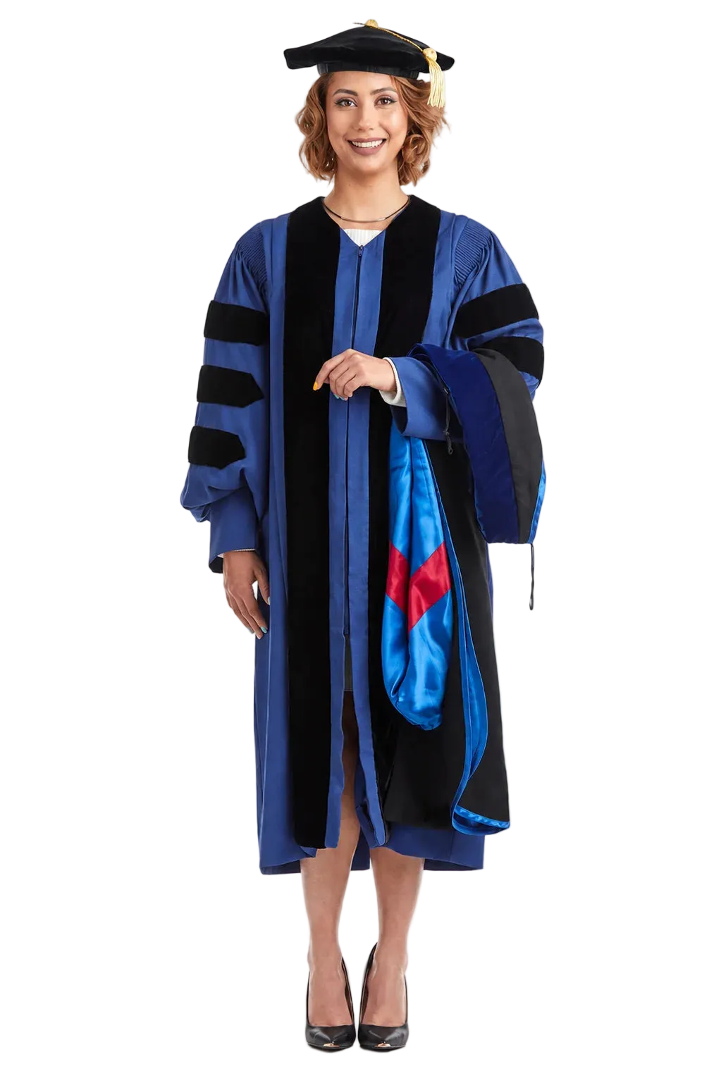 Georgia State University doctoral hood with royal blue velvet trim, blue satin lining, and red chevron