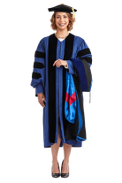Georgia State University doctoral hood with royal blue velvet trim, blue satin lining, and red chevron