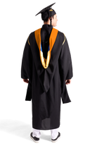 CAPGOWN | UC Irvine Master's Regalia Set, include master's gown with pockets, mortarboard cap, apricot hood, and tassel with year charm.