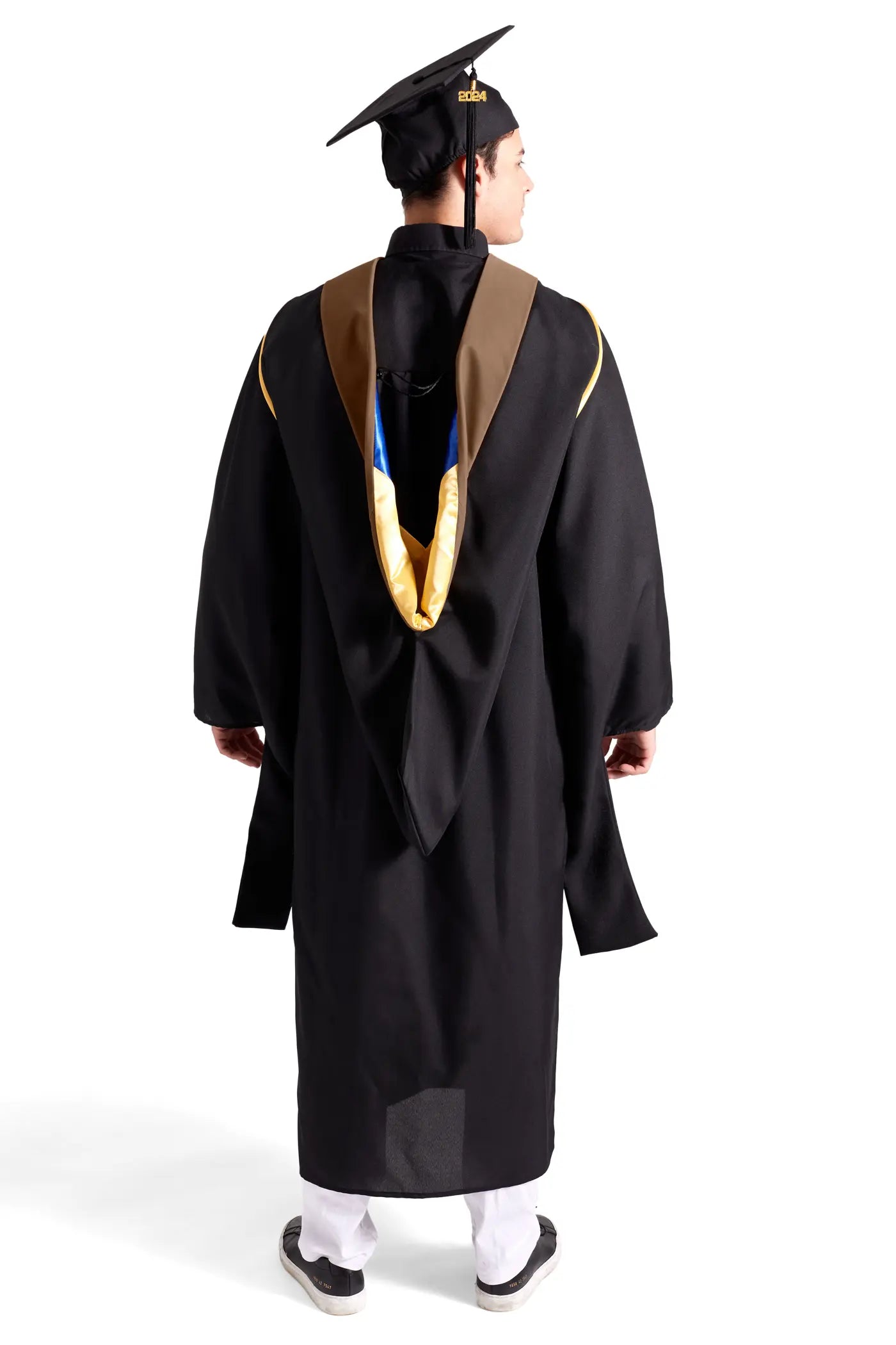 CAPGOWN | UC Santa Barbara Master's Regalia Set, include master's gown with pockets, mortarboard cap, brown hood, and tassel with year charm.