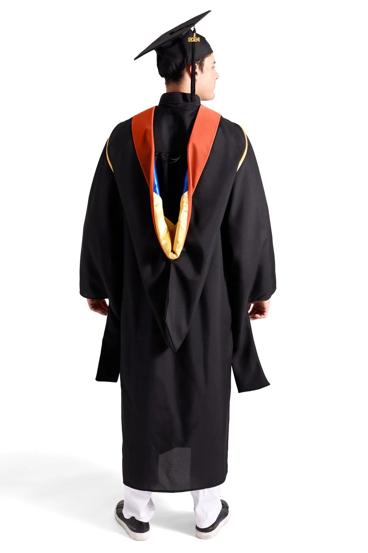 CAPGOWN | UC Santa Barbara Master's Regalia Set, include master's gown with pockets, mortarboard cap, copper hood, and tassel with year charm.