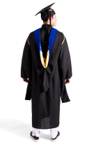 CAPGOWN | UC Santa Barbara Master's Regalia Set, include master's gown with pockets, mortarboard cap, dark blue hood, and tassel with year charm.