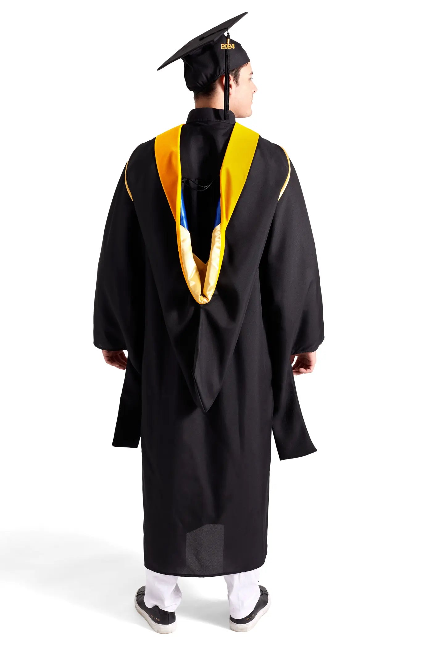 CAPGOWN | UC Irvine Master's Regalia Set, include master's gown with pockets, mortarboard cap, golden yellow hood, and tassel with year charm.