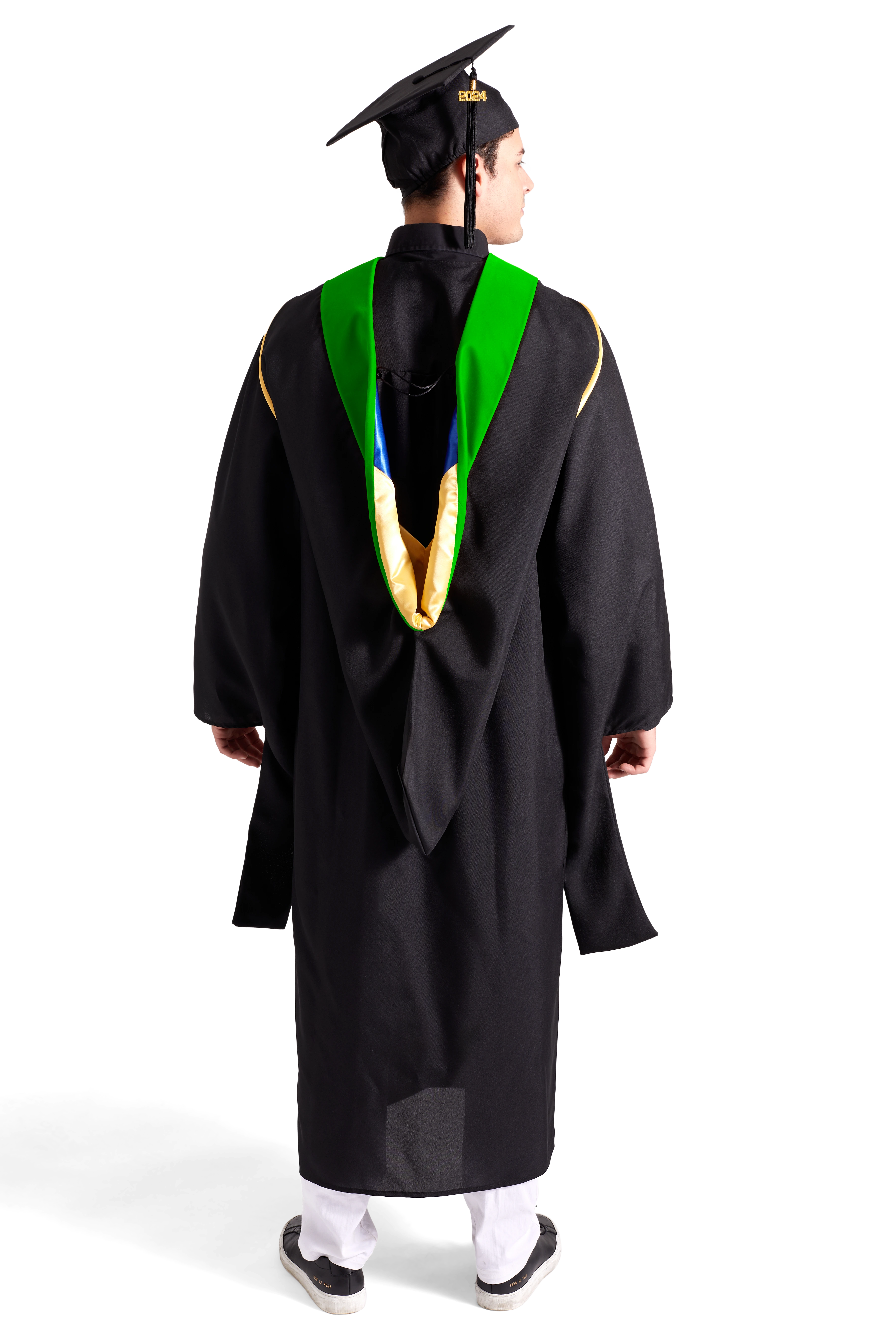 CAPGOWN | UC Irvine Master's Regalia Set, include master's gown with pockets, mortarboard cap, green hood, and tassel with year charm.