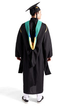CAPGOWN | UC Santa Barbara Master's Regalia Set, include master's gown with pockets, mortarboard cap, light blue hood, and tassel with year charm.