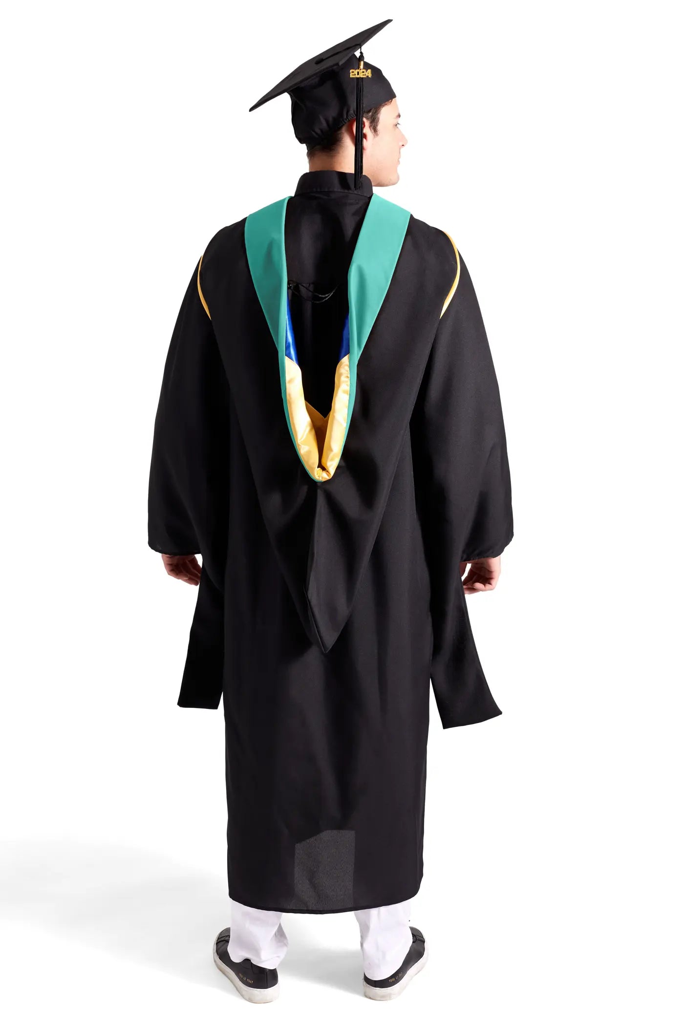 CAPGOWN | UC Santa Barbara Master's Regalia Set, include master's gown with pockets, mortarboard cap, light blue hood, and tassel with year charm.