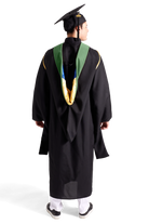 CAPGOWN | UC Irvine Master's Regalia Set, include master's gown with pockets, mortarboard cap, olive hood, and tassel with year charm.