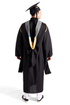 CAPGOWN | UC Santa Barbara Master's Regalia Set, include master's gown with pockets, mortarboard cap, silver hood, and tassel with year charm.